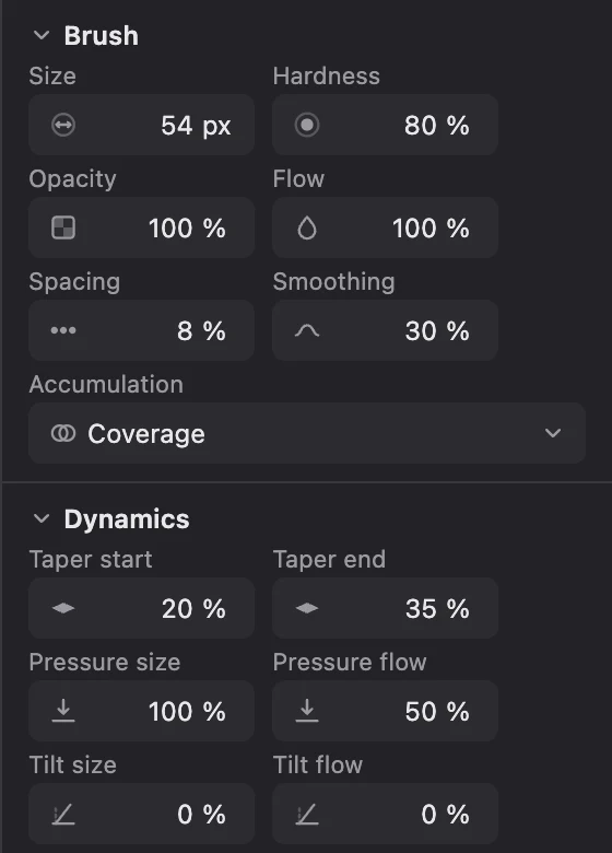Brush settings: size, hardness, flow, spacing, smoothing and dynamics