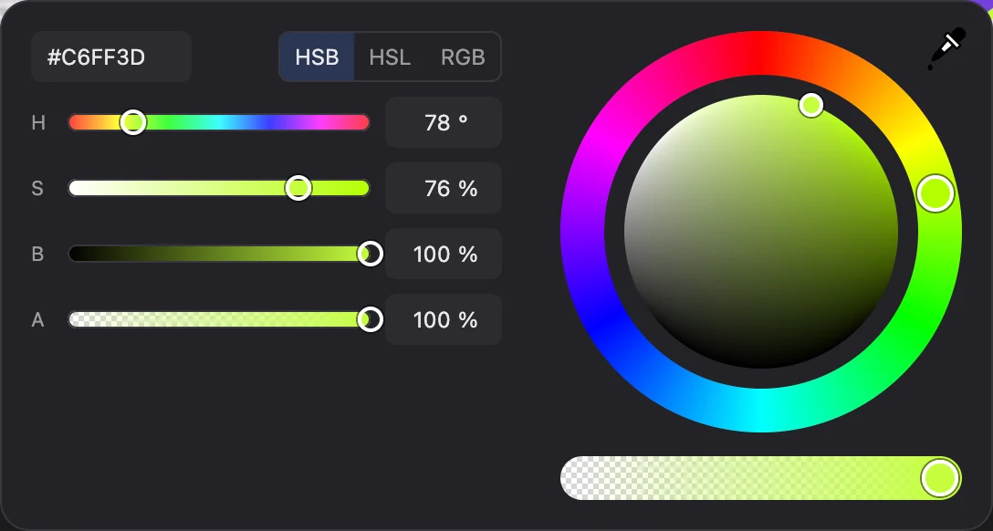 The colour panel editing a fill: hue ring, HSB sliders and alpha