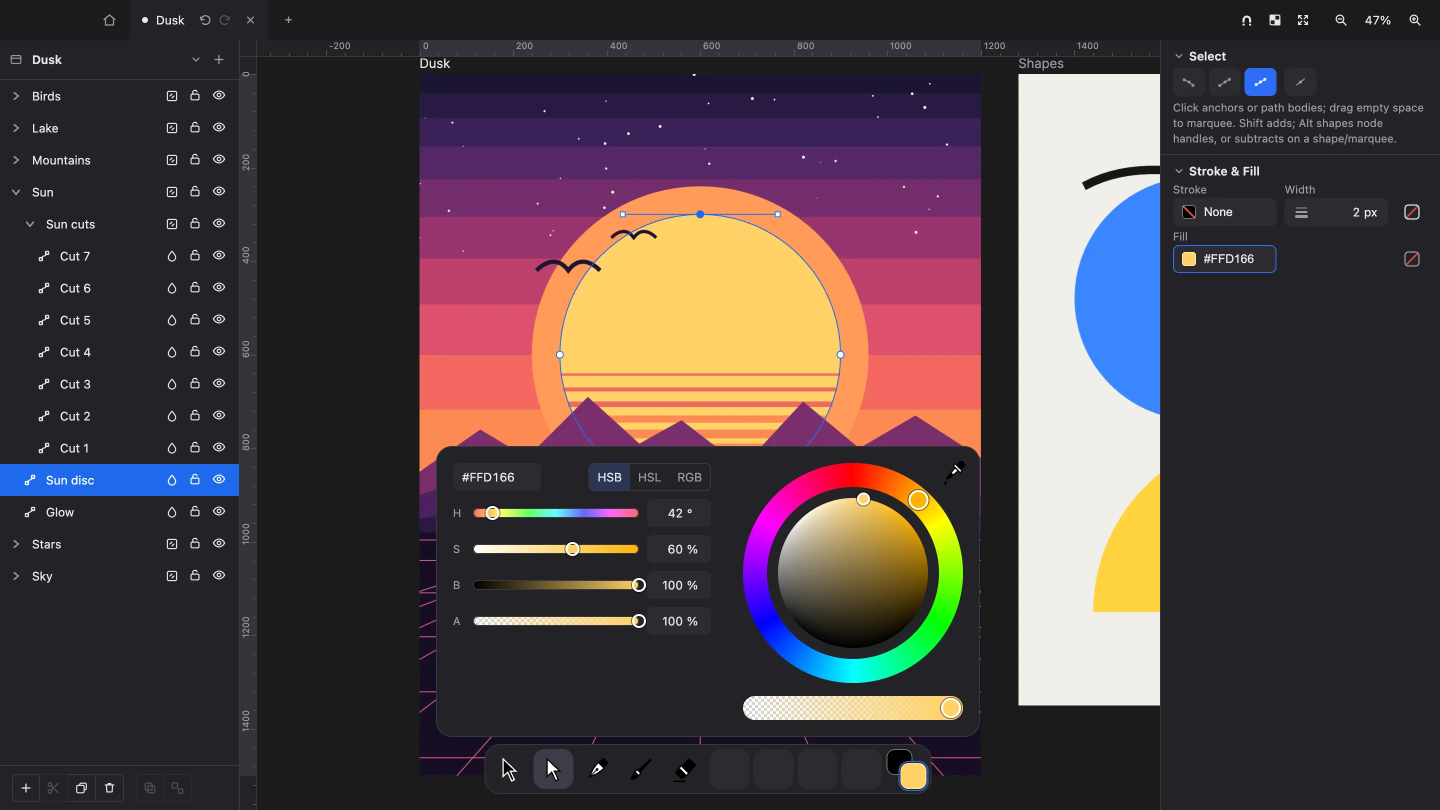 Lucy editando un póster vectorial: los nodos del sol seleccionados, su relleno abierto en el panel de color y las capas del póster en el panel de capas.